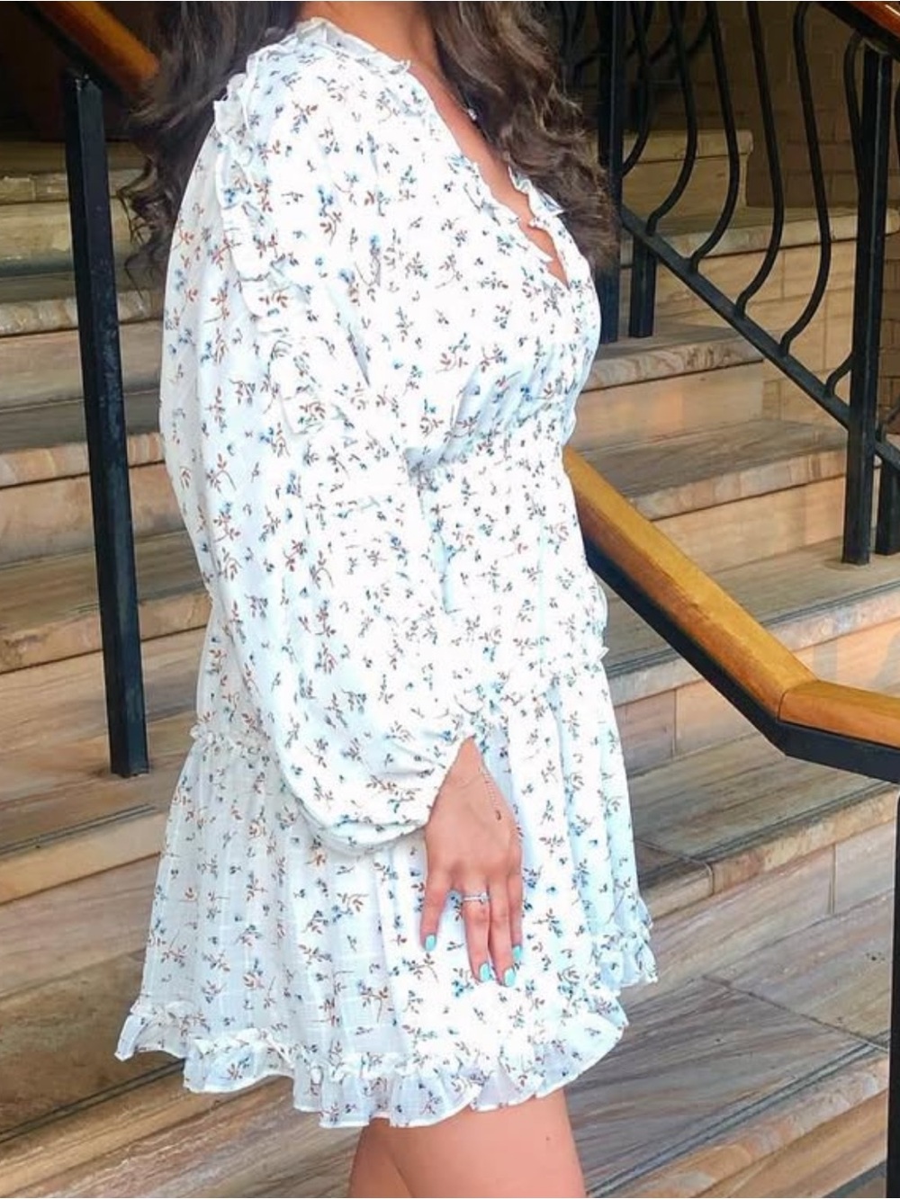 Floral Ruffle Long-Sleeve Mini Dress in White